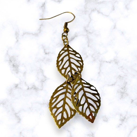 Handmade Leaf Earrings Brass Filigree Dangle Statement Leaves Pierced Boho - Picture 5 of 9